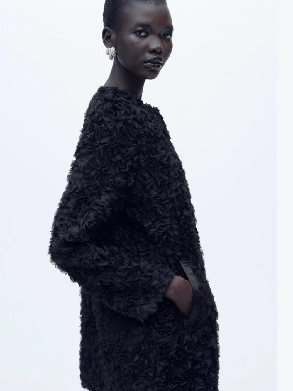 Zara Black Rose-Textured Teddy Coat